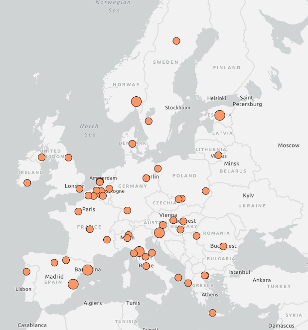 Uusimaalaisten toimijoiden Interreg Europe kumppanuuksia Euroopan kartalla